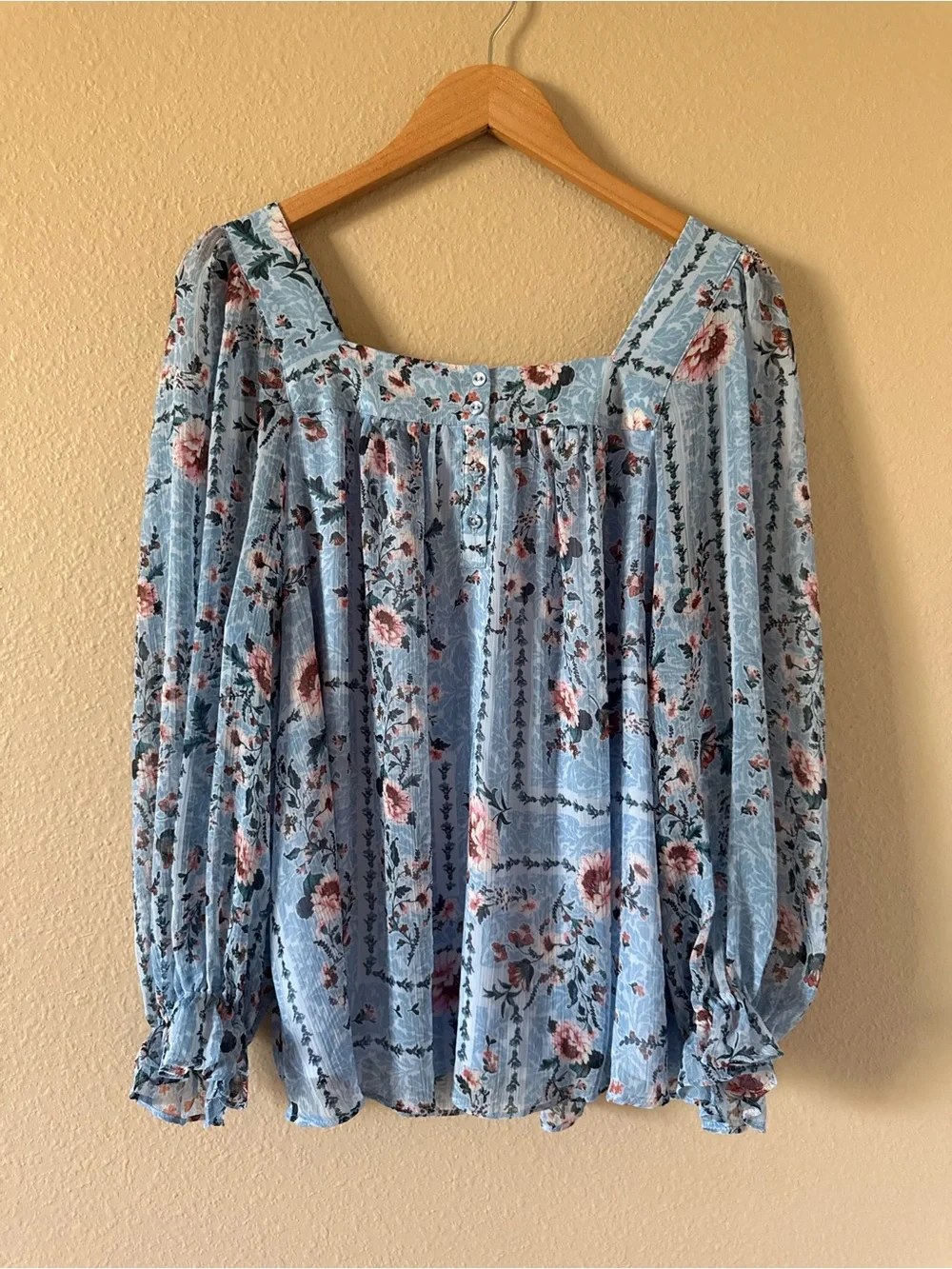 LC Lauren Conrad Blue Floral Square-Neck Peasant Blouse